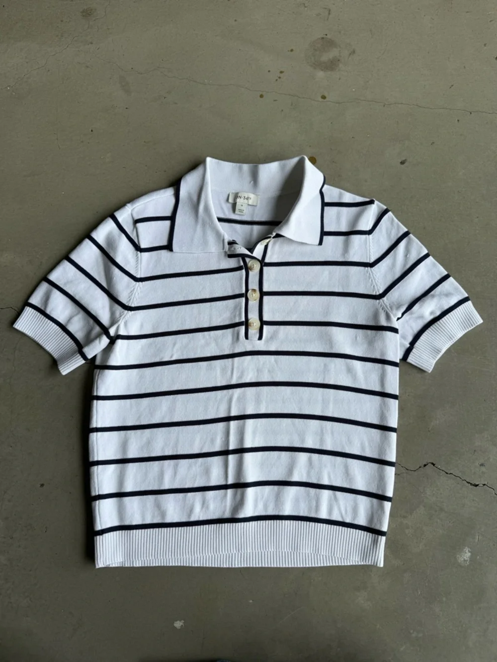 On 34th / Striped Knit Short Sleeve Polo Sweater Top / white black - Picture 3 of 8
